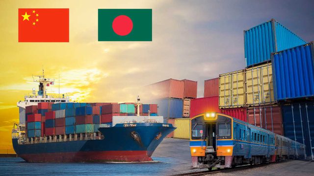 Illustration of Bangladesh flag and textile products symbolizing its leadership in EU apparel exports, surpassing China.