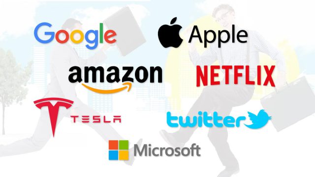 Illustrations of Google, Amazon, Apple, Netflix, Tesla, Twitter, and Microsoft represent the logo, adding a touch of humor to its origin story.