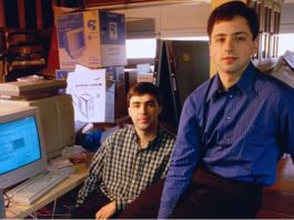 Google co-founders Larry Page (left) and Sergey Brin (right) in a picture, symbolizing the visionary minds behind Google's inception.
