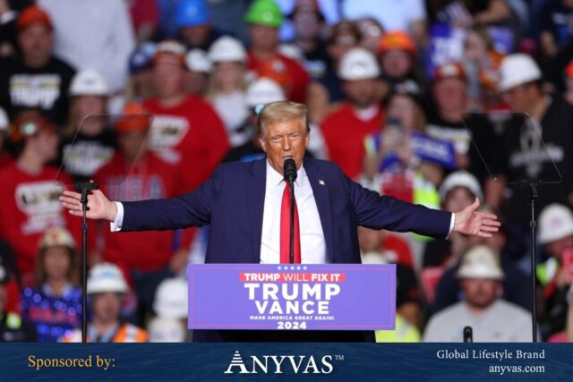 Donald Trump delivers a speech at a podium, addressing the audience with a focused expression.