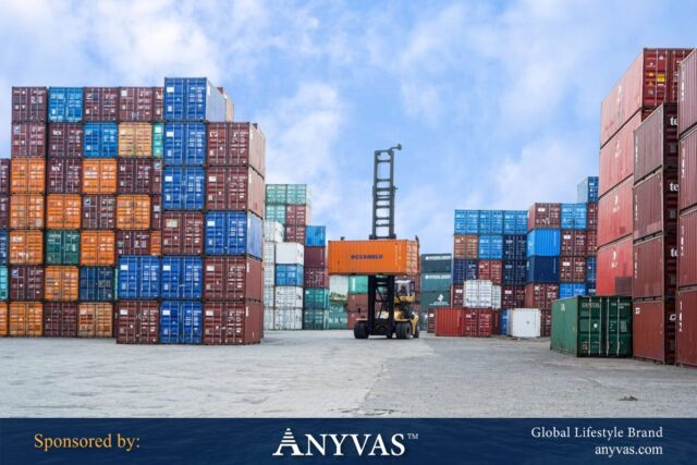 Cargo containers stacked at a bustling port, representing international trade and shipping logistics in the garment industry.