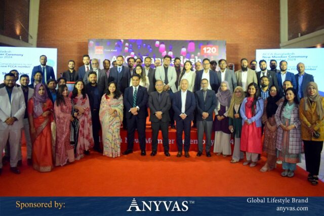 A group photo from ACCA Bangladesh's New Member Ceremony 2024, featuring ACCA officials, new members, and distinguished guests posing together on a red-carpeted stage with a backdrop displaying the ACCA logo and event theme.