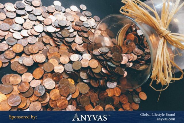 A spilled glass jar with a rustic ribbon tied around it, overflowing with scattered copper coins, symbolizing financial concepts and monetary management. The image is branded with 