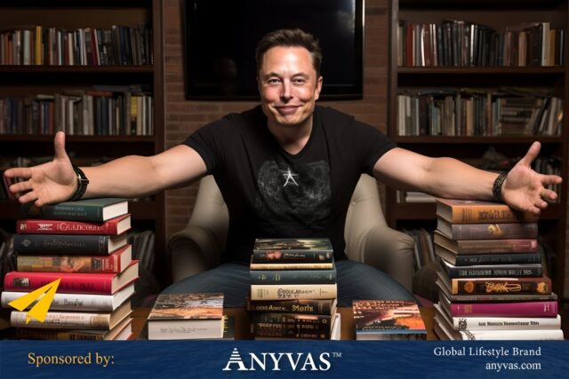 Elon Musk sitting on a chair surrounded by books, symbolizing his passion for reading and knowledge.