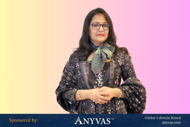 Tamanna Rabbani standing confidently like a queen, exuding leadership and elegance; sponsored by Anyvas.