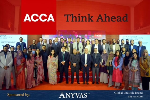 A large group of professionally dressed individuals posing for a photograph at an ACCA Bangladesh New Member Ceremony event. The backdrop features the ACCA logo with the slogan 