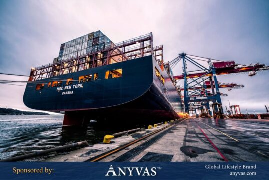 A large cargo ship named "MSC New York" docked at a busy container port with stacked shipping containers and towering cranes under a cloudy sky.